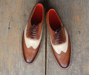 Men’s Handmade Brown & White Color Leather Shoes, Men Wing Tip Brogue Dress Formal Lace Up Shoes - theleathersouq