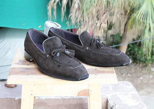 Handmade Men's Suede Shoes, Men Black Tussles Moccasins, Men Fashion Dress Shoes - theleathersouq