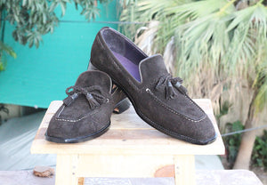 Handmade Men's Suede Shoes, Men Black Tussles Moccasins, Men Fashion Dress Shoes - theleathersouq