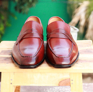 Handmade Men's Burgundy Color Leather Loafers, Men's Formal Dress Loafer Shoes - theleathersouq