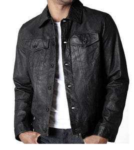 Mens Trucker Leather Jacket Black Classic Lambskin Shirt Style