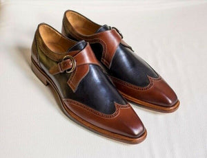 Hand stitched Wing tip shoes, Dress Navy Blue Brown Shoes, Formal Monk Men Shoe - theleathersouq