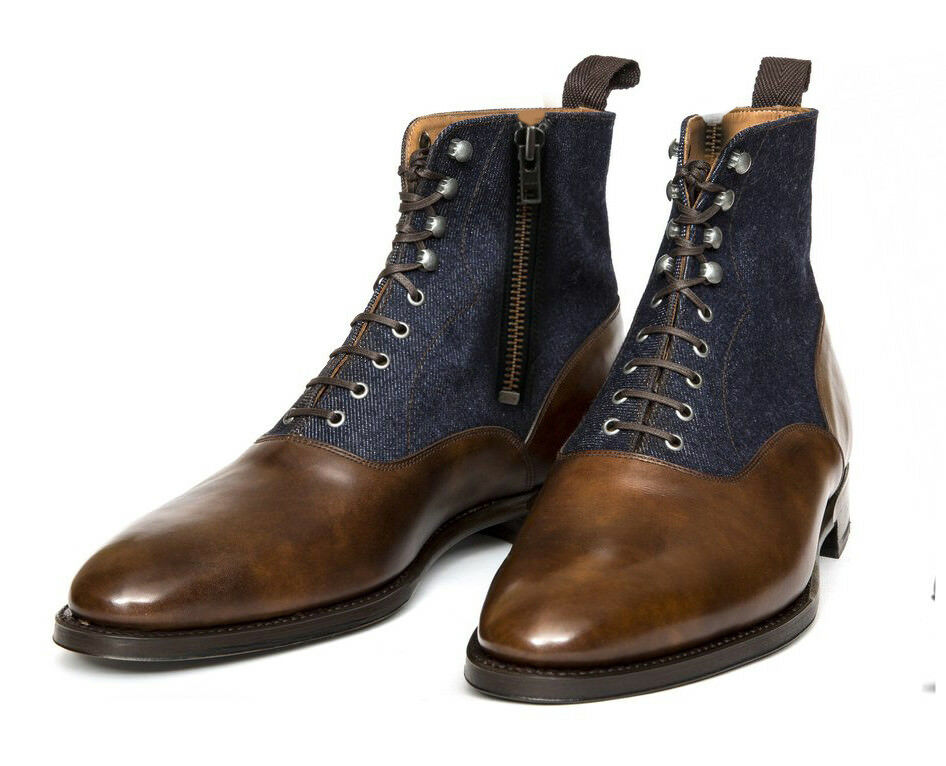 Handmade Ankle High Leather & Denim Boots, Men Dress Formal casual Boots - theleathersouq