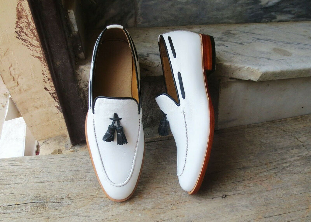 Handmade white Moccasin Shoes, Men's Slip On Tussle Formal Dress Leather Shoes - theleathersouq