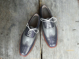 Men's Handmade Two Tone Gray Leather Shoes, Men Wing Tip Brogue Dress Formal Shoes - theleathersouq