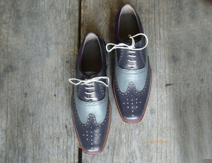 Men's Handmade Two Tone Gray Leather Shoes, Men Wing Tip Brogue Dress Formal Shoes - theleathersouq