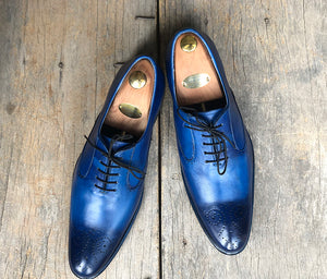 Handmade Men's Blue Brogue Pointed Toe Leather Shoes, Men Dress Formal Shoes - theleathersouq