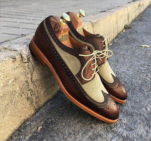 Handmade Men's Brown Beige Wing Tip Brogue Shoes,Men Leather Suede Dress Shoes - theleathersouq