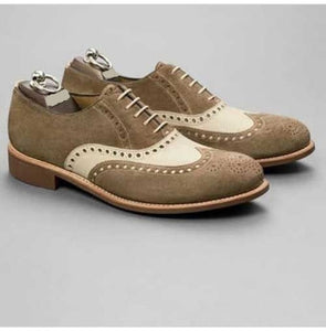 Handmade men's Beige Brown Suede Shoes, Men Dress Formal Wing Tip Brogue Shoes - theleathersouq
