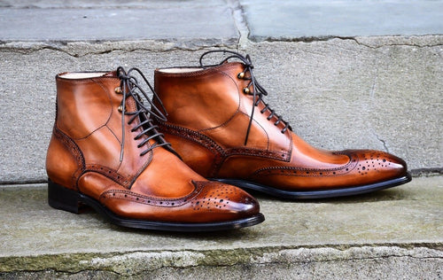 Hand Stitched Men's Lace Up Boots, Men Brown Brogues Designer Leather Boots - theleathersouq