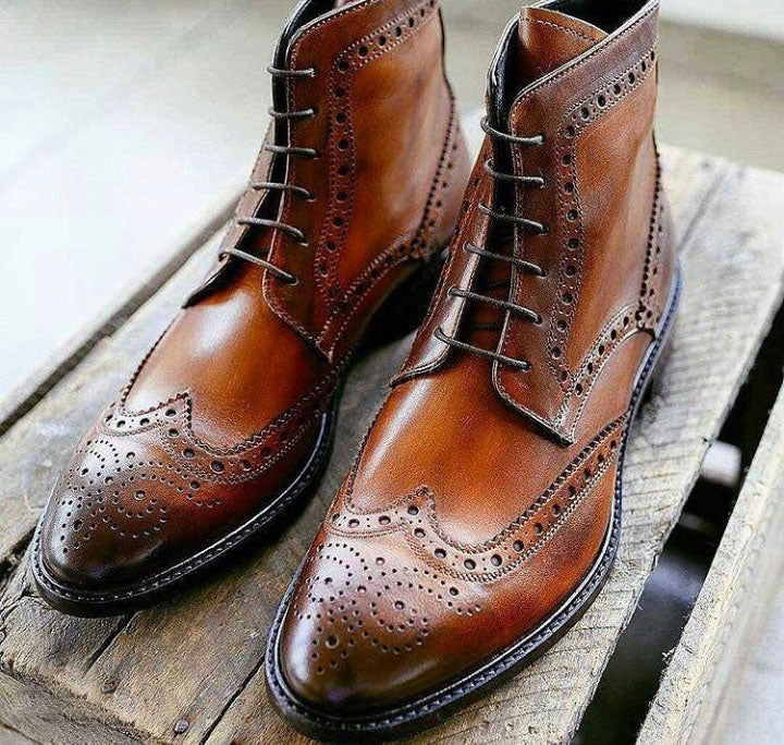 Men's Handmade Brown Ankle High Leather Boots, Men Wing Tip Brogue Lace Up Boots - theleathersouq