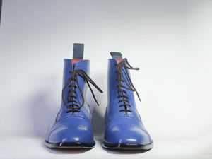 Handmade Men's Blue Color Ankle High Boots, Men Dress Leather Cap Toe Boots - theleathersouq