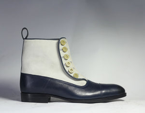 Handmade Men's Blue & White Ankle High Boots, Men Dress Leather & Suede Boots - theleathersouq