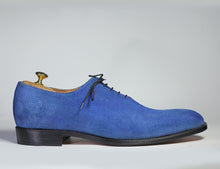 Load image into Gallery viewer, Handmade Men&#39;s Blue Color Suede Shoes, Men Lace Up Dress Formal Fashion Shoes - theleathersouq