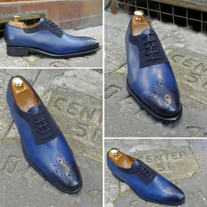 Handmade Men's Blue Leather Suede Lace Up Shoes, Men Brogue Dress Formal Shoes - theleathersouq