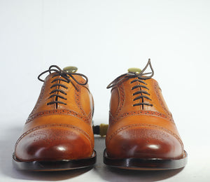 Handmade Men's Tan Cap Toe Brogue Leather Shoes, Men Lace Up Dress Formal Shoes - theleathersouq