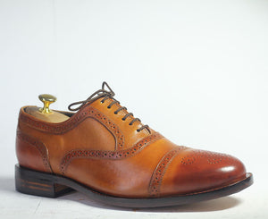 Handmade Men's Tan Cap Toe Brogue Leather Shoes, Men Lace Up Dress Formal Shoes - theleathersouq