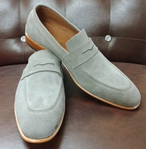 Handmade Men's Gray Color Suede Dress Shoes, Men Gray Suede Moccasin Loafers - theleathersouq