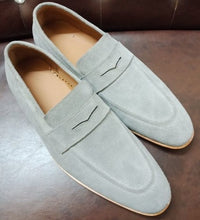 Load image into Gallery viewer, Handmade Men&#39;s Gray Color Suede Dress Shoes, Men Gray Suede Moccasin Loafers - theleathersouq