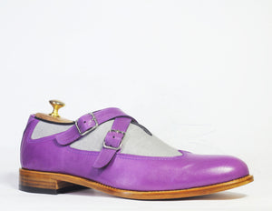 Handmade Men’s Purple Gray Double Monk Strap Shoes, Men Leather & Denim Shoes - theleathersouq