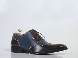 Handmade Men’s Brown Blue Cap Toe Leather Shoes, Men Lace Up Dress Formal Shoes - theleathersouq