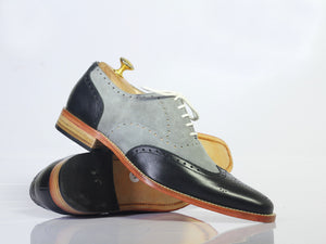 Handmade Men’s Gray Black Wing Tip Shoes, Men Leather Suede Lace Up Dress Shoes - theleathersouq