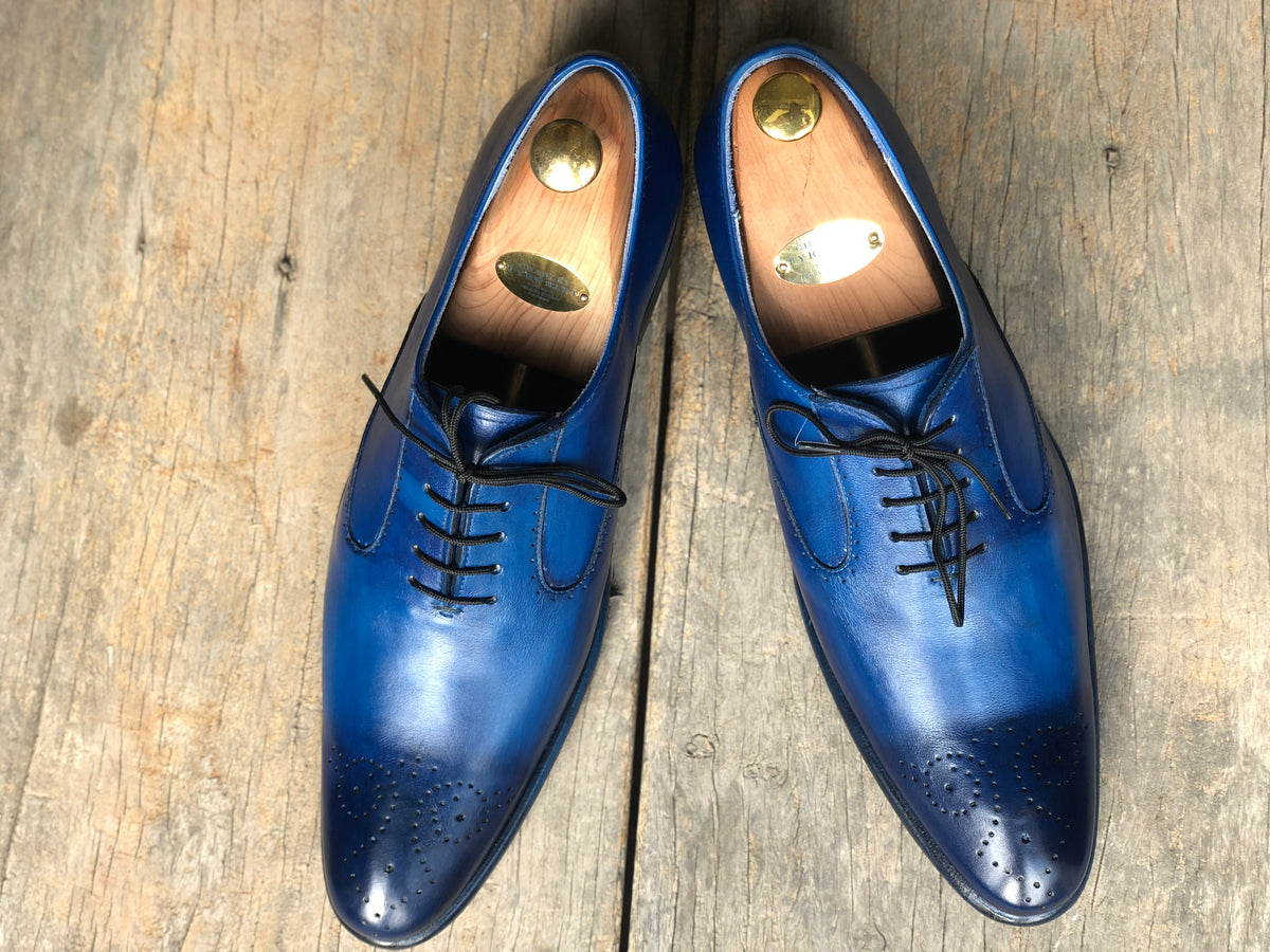 Handmade Men's Blue Brogue Leather Shoes, Men Pointed Toe Lace Up Dres ...