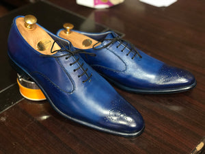 Handmade Men's Blue Brogue Leather Shoes, Men Pointed Toe Lace Up Dress Shoes - theleathersouq