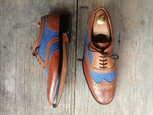 Handmade Men’s Tan Blue Wing Tip Brogue Shoes, Men Denim & Leather Dress Shoes - theleathersouq