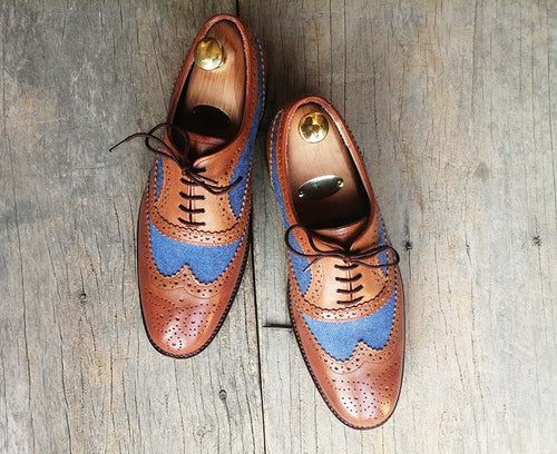 Handmade Men’s Tan Blue Wing Tip Brogue Shoes, Men Denim & Leather Dress Shoes - theleathersouq