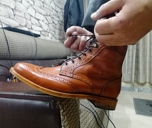 Handmade Men’s Tan Wing Tip Brogue Leather Boots, Men Ankle High Lace Up Boots - theleathersouq