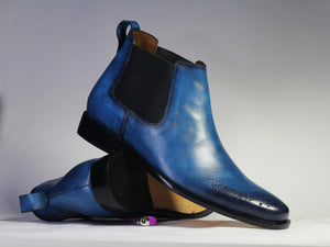 Handmade Men’s Blue Brogue Toe Chelsea Leather Boots, Men Slip On Dress Boots - theleathersouq