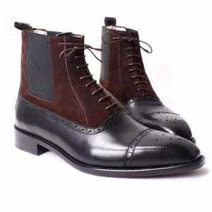 Men's Handmade Brown Leather Suede Lace Up Boots, Men Cap Toe Brogue Dress Boots - theleathersouq