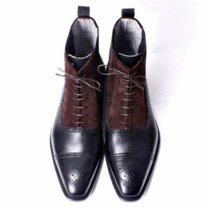 Men's Handmade Brown Leather Suede Lace Up Boots, Men Cap Toe Brogue Dress Boots - theleathersouq