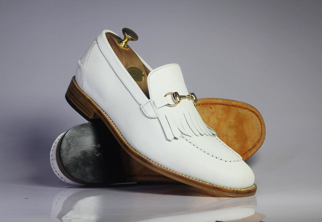 Handmade Men's White Fringe Loafer Leather Shoes, Men Dress Formal Slip On Shoes - theleathersouq