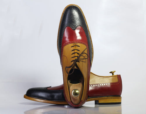 Men’s Handmade Multi Color Wing Tip Brogue Leather Shoes, Men Lace Up Dress Shoes - theleathersouq