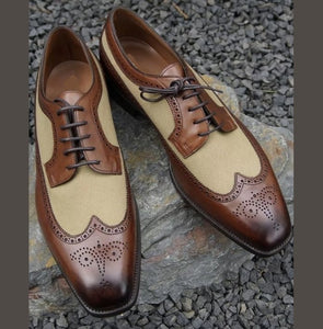 Men’s Handmade Brown Beige Wing Tip Brogue Shoes, Men Leather Suede Dress Shoes - theleathersouq