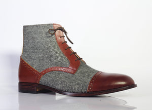 Men’s Handmade 2 Tone Leather Tweed Boots, Men Ankle High Lace Up Designer Boots - theleathersouq
