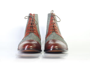 Men’s Handmade 2 Tone Leather Tweed Boots, Men Ankle High Lace Up Designer Boots - theleathersouq