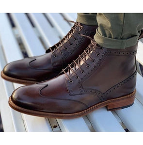 Handmade Men's Brown Gray Wing Tip Ankle Boots, Men Leather Lace Up Dress Boots - theleathersouq