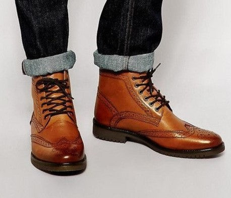 Handmade Men's Tan Brogue Ankle Boots, Men Wing Tip Lace up Casual Fashion Boots - theleathersouq