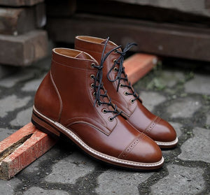 Handmade Men’s Ankle High Leather Boots, Men’s Brown Cap Toe Brogue Lace Up Boots - theleathersouq