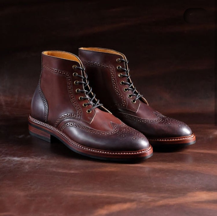 Handmade Men’s Ankle High Leather Boot, Men’s 2 Tone Brown Wing Tip Brogue Boots - theleathersouq