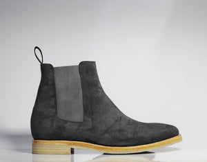 Handmade Men's Ankle High Gray Chelsea Suede Boots, Men Stylish Dress Boots - theleathersouq