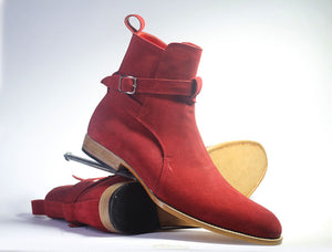 Men's Handmade Burgundy Ankle High Jodhpurs Suede Boot, Men Stylish Dress Boots - theleathersouq