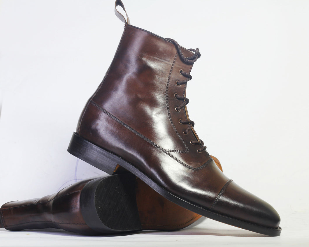 Handmade Men Chocolate Brown Ankle High Boots, Men Cap Toe Leather Lace Up Boots - theleathersouq