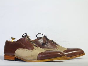 Handmade Men Beige Brown Wing Tip Shoes, Men Lace Up Leather Suede Dress Shoes - theleathersouq