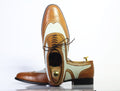 Handmade Men Brown White Wing Tip Brogue Shoes, Men Lace Up Leather Dress Shoes - theleathersouq