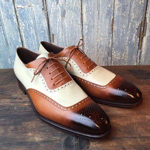 Handmade Men's 2 Tone Brown Beige Leather Shoes, Men Brogue Lace Up Dress Shoes - theleathersouq