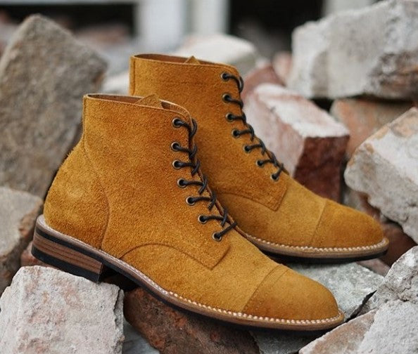 Handmade Men's Ankle High Boots, Men Tan Brown Suede Cap Toe Lace Up Casual Boots - theleathersouq